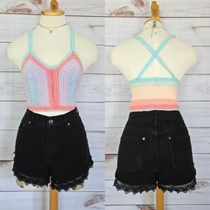 Hand Crochet by Gabrielle Cross Back Festival Top in Pink and Purple Sz Large